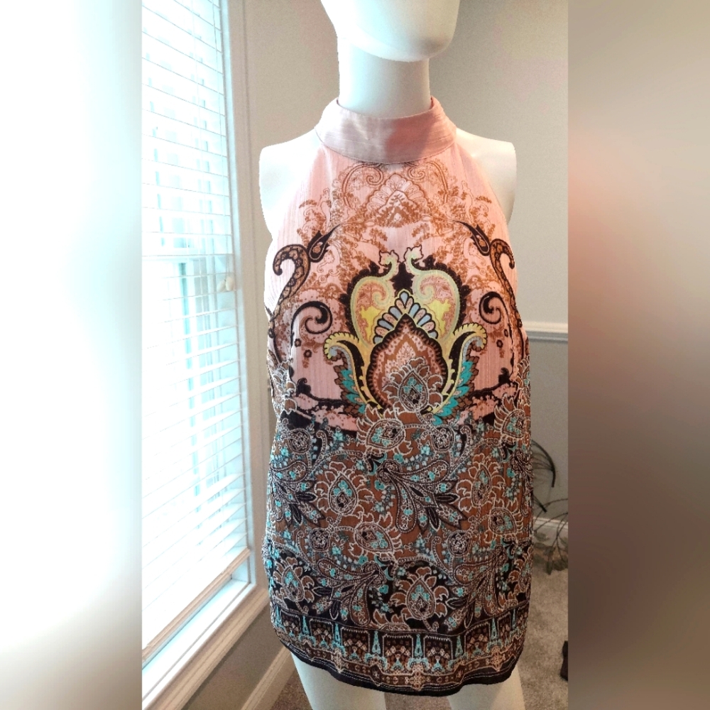 New York & Company Sleeveless Embellished Pink and Brown Tunic